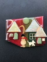 Green &amp; Red House Pins by Lucinda w Sparkly White Roof Snowman Puppy Dog Christm - £23.05 GBP