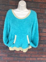Juicy Couture Sweater Medium Furry Teal Gold Long Sleeve Pockets Soft Gl... - £6.72 GBP
