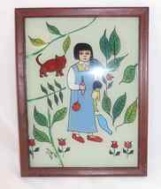1976 Framed Folk Art Reverse Painting on Glass David Gottshall Girl w/ Doll Cat - £210.10 GBP