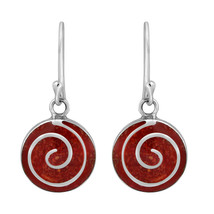 Interesting Swirl Maze Red Coral Round Disc Sterling Silver Dangle Earrings - £12.81 GBP
