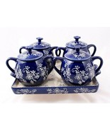 Temptations 2 Handled Covered Soup Bowls and Tray Cobalt Floral Lace 16 ... - $618.53 MXN