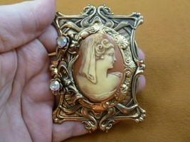 CL22-27 ELEGANT Lady Mantilla woman ivory + orange oval CAMEO brass Pin Pendant - £32.01 GBP