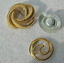 3 Circle Round Brooch Pins Trifari Monet W Germ Gold Tone Swirled Ribbed Scarf - $24.99