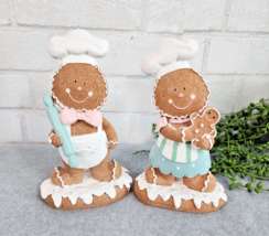 Gingerbread Cookie Baker Chef Figurine 2 Pc Pink Blue Resin Christmas Decor 8&quot; - £27.06 GBP