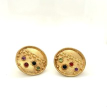 Vtg Sterling Vermeil Janice Grzyb Multi Colored Stone Gilt Button Stud Earrings - £51.42 GBP