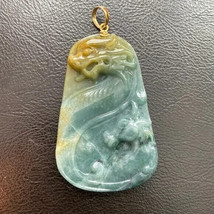 14K Solid Yellow Gold Carved Dragon Natural Jade 100% A Pendant Rectangle Men L - £370.11 GBP