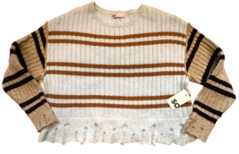 Juniors&#39; SO Cropped Open-Stitch Hem Blue/Beige Striped Sweater size L - $35.00