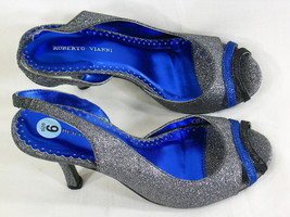Roberto Vianni Silver Glitter Peep Toe Sling Back Heels 6 M US Near Mint - $14.73