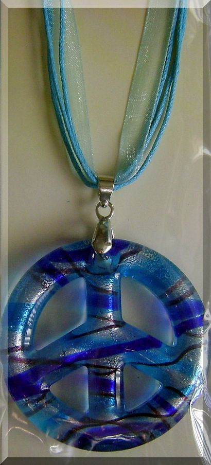Primary image for (1) Peace Sign Murano Glass Pendant On 18" Aqua Blue Silk Ribbon *Great Gift*