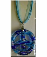 (1) Peace Sign Murano Glass Pendant On 18&quot; Aqua Blue Silk Ribbon *Great ... - $113.17 MXN