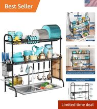 Stainless Steel 2 Tier Over The Sink Dish Drainer Drying Rack with Utens... - $74.62