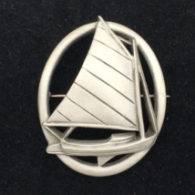 FORT pewter vintage sailboat brooch - nearly 2&quot; nautical dimensional oval pin - £14.05 GBP