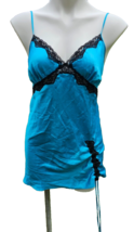 Vintage Victoria&#39;s Secret 2003 Blue Satin Black Lace Chemise Slip Gown L... - $922.49 MXN