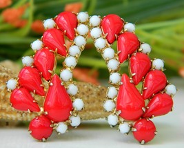 Vintage Lipstick Red White Earrings Teardrop Glass Beads Clip-On Large - $27.95