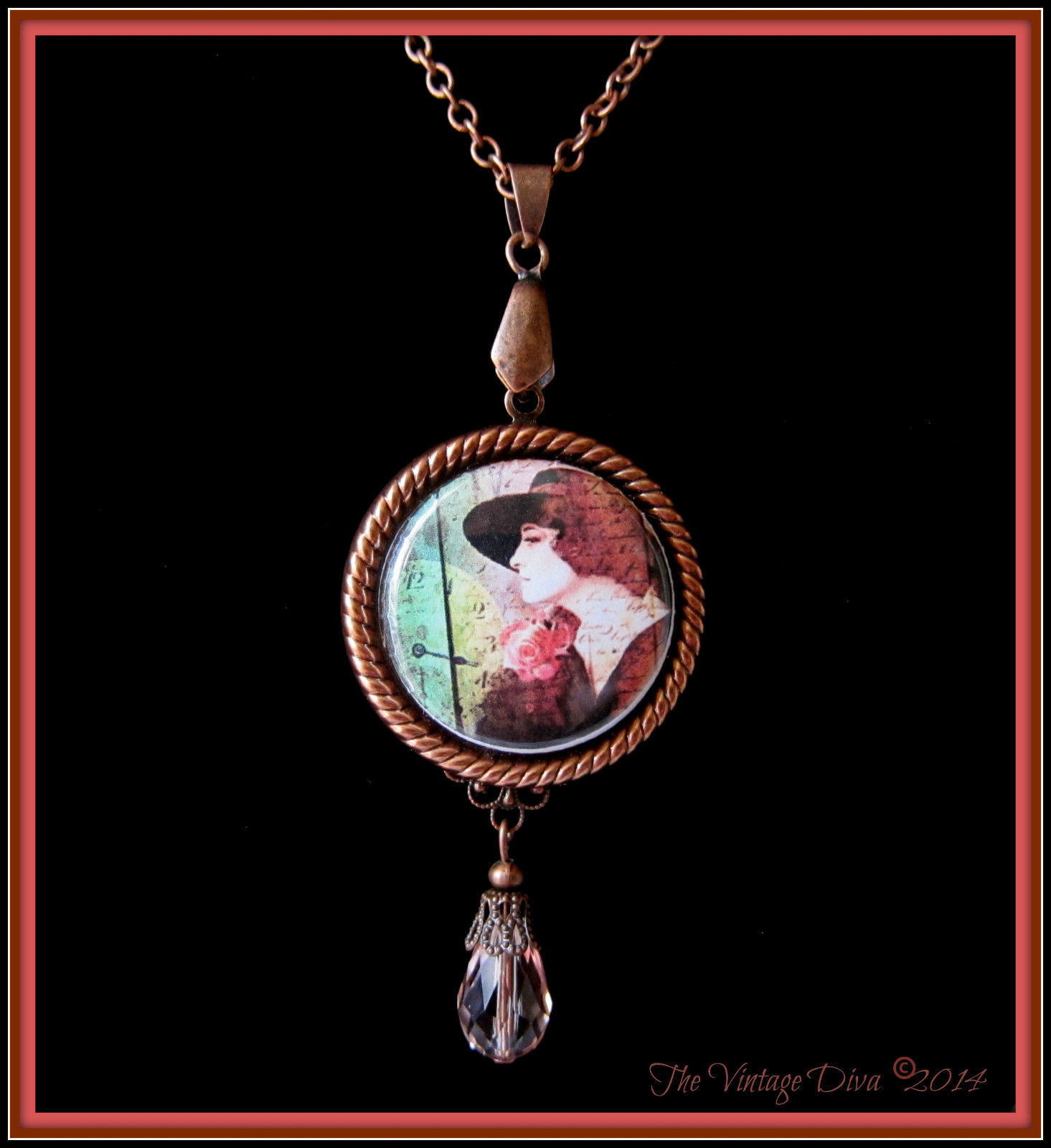 Handcrafted Antiqued Copper/Rose Pink 1920's Woman Photo Cameo Necklace - $32.62