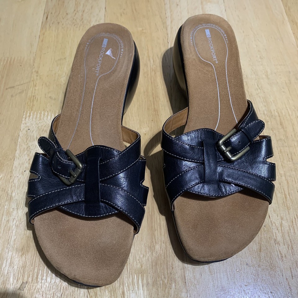 Rockport Leather Sandals Womens 9M Black Cross Strappy Slides Comfort Shoes - $24.01