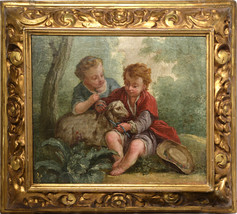 Children w Lamb Scene 18th century Oil painting by French Rococo Master - £7,186.21 GBP