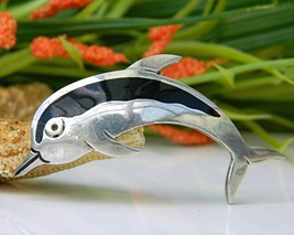 Vintage Dolphin Pin Brooch Taxco Mexico 925 Sterling Silver Enamel - £21.99 GBP