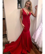 Sexy Mermaid Long Red Satin Prom Dress V Neck Sleeveless - £108.92 GBP