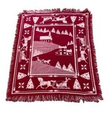 Red Cream Christmas Sleigh Tree Snow 58x47 Fringed Throw Blanket - £11.85 GBP