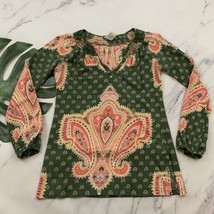 Lucky Brand Vintage Y2k Paisley Top Size Xs Green Pink Smocked Trim Long... - $25.73