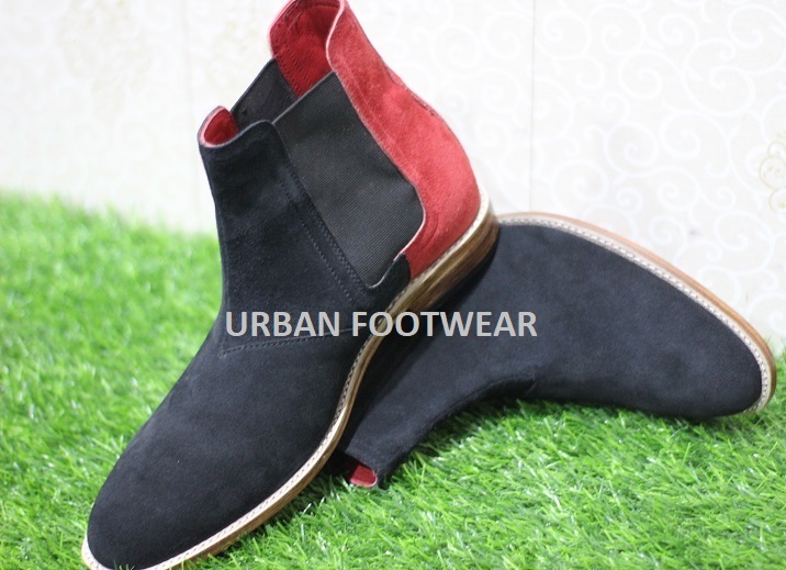 Mens Handmade New Shoes Red & Black Suede Leather Chelsea Ankle High Boots