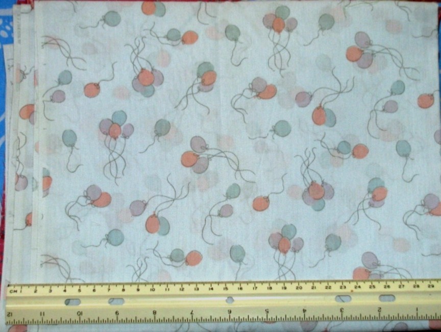 PEACH GREY & GREEN Balloons on Pale Green Cotton Quilt Fabric 2 yds x 45" wide - $9.99