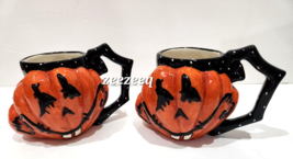 2pc Halloween Blue Sky Clayworks Pumpkin Spiderweb Coffee MugsDecor NEW - £33.92 GBP