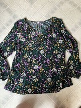 Old Navy Sz Medium Peasant Tie Front Blouse Rayon Black w/ yellow purple florals - £17.88 GBP