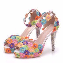 Crystal Queen White Lace Flower Sandals Open Toe Pumps Dress Party Shoes 11CM Th - £57.79 GBP