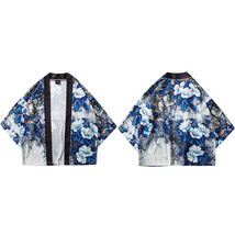Harajuku  Kimono Jacket Japanese Hip Hop Men Streetwear Jacket Blue Leaves Flowe - £63.30 GBP