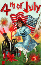 4th Of July Patriotic Postcard Girl Cannon Fireworks American Flag Firecracker - £22.33 GBP
