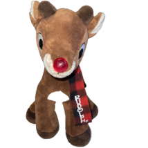 Plush Stuffed Animal Rudolph The Red Nose Reindeer Brown Black Name on Scarf - £9.49 GBP