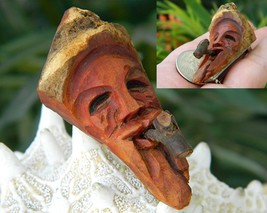 Vintage Hand Carved Wood Folk Art Man Wooden Face Brooch Pin Pendant - $27.95