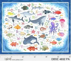 34&quot; X 44&quot; Panel Sea Animals ABC&#39;s Alphabet Fish Ocean Blue Cotton Fabric D413.08 - £12.03 GBP