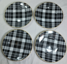 4 Pier 1 Imports Porcelain Dewsbury Black + White Plaid Gold Trim Salad ... - $32.33