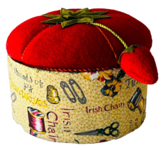 Round Sewing Box with Tomato Pin Cushion Lid Quilt Pattern Fabric Theme ... - £19.82 GBP