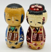 Vintage Japanese Kokeshi Doll Salt Pepper Shakers Wooden 2.5 inch Handpa... - $14.95