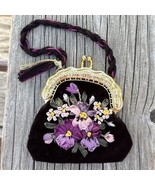 Handmade Black Silk Velvet Purse Ribbon Embroidery Pansies Vintage Mini ... - $19.20