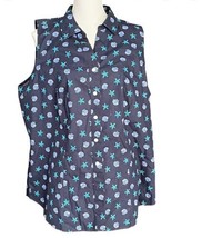 Talbots Top Button Up Sleeveless  Plus 1X Navy Blue Starfish Shells Beac... - $28.69