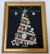 Framed Jewelry Art Christmas Tree OOAK Handmade Hearts Angel Star Rhinestones - £93.57 GBP