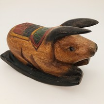 Hand Carved Wooden Rocking Pig Thailand Hand Painted Multicolor 7x3x4&quot; Folk Art - £47.19 GBP