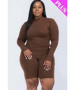 Downtown Brown Plus Size Mock Neck Long Sleeve Top &amp; Biker Shorts Lounge... - £11.99 GBP