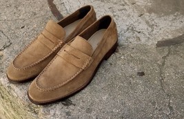 Handmade Mens Camel Sand Suede Penny Moccasins Loafers Formal Shoes - £115.07 GBP