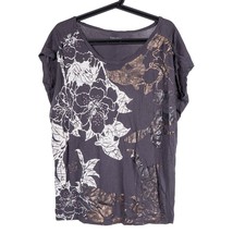 Calvin Klein Floral Shirt M Women Gray Ruched Shoulder Short Sleeve Cott... - $15.70