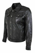 Mens Genuine Leather Trucker Jacket American Western Denim Levis Style Coat Cuir - £103.90 GBP