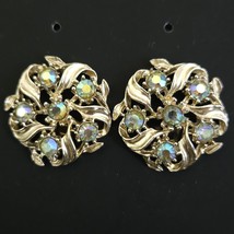 Vintage Floral Clip-on Earrings Goldtone &amp; Aurora Borealis Rhinestones - $10.88