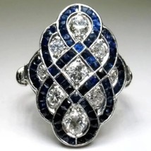 2.50Ct Lab-Created Blue Sapphire &amp; Zircon Art-Deco Engagement Ring in 925 Silver - £127.99 GBP