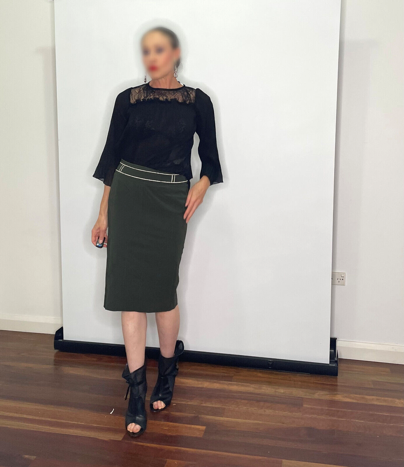 Green Designer Skirt with White Piped Accents Career Midi Skirt - $241.10