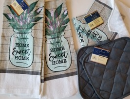 KITCHEN LINENS SET 6pc Home Sweet Home Towels Cloths Potholders Lavender Grey